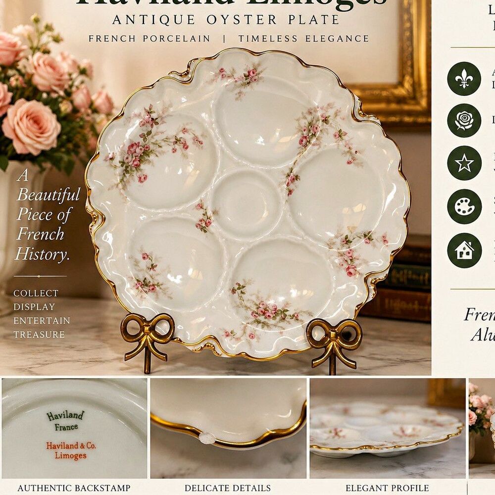 Haviland & Co. Limoges Oyster Plate Porcelain Floral Pink Roses Gold Trim